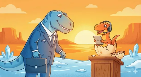 Illustration: Ein alter Vertriebs-Saurier im Anzug betrachtet einen jungen Vertriebs-Saurier mit Tablet beim Schlüpfen aus einem Ei.