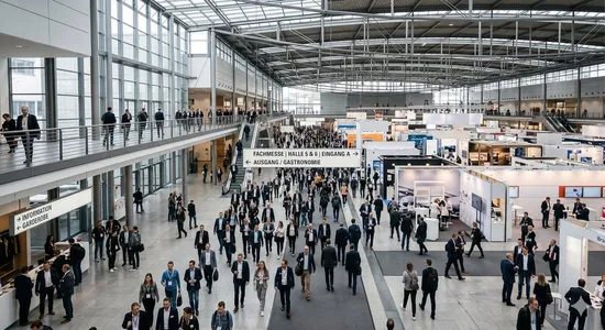Bild einer Fachmesse, von oben fotografiert.