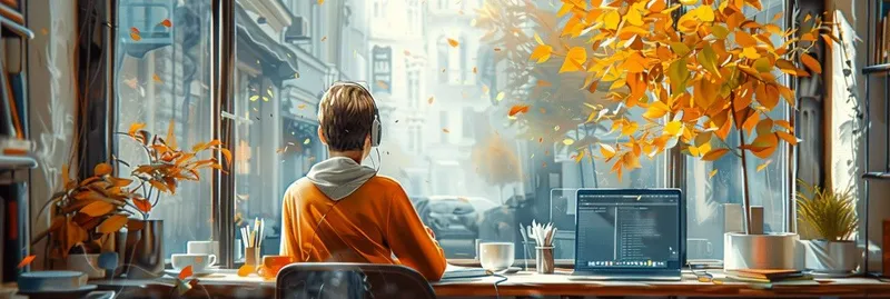 Illustration: Junger Coder sitzt mit dem Rücken zur Kamera am Fenster und schaut auf eine romantische Straße.