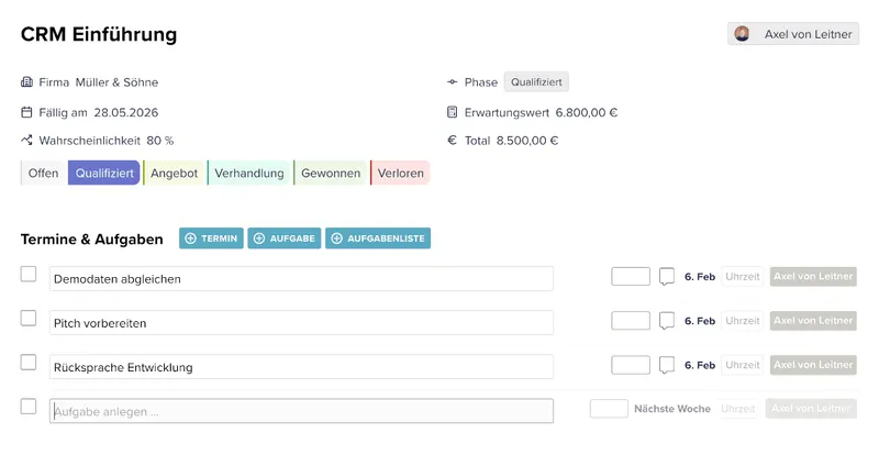 Die Detailansicht eines Deals bei CentralStationCRM.