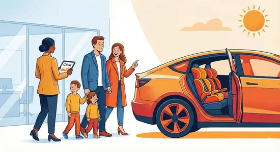 Illustration: Eine Familie erlebt ein personalisiertes Verkaufserlebnis, da die Verkäuferin des Autohauses ein CRM nutzt.