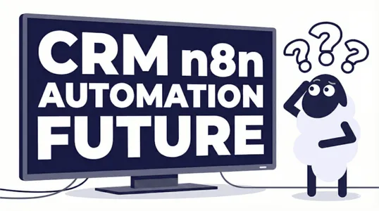 Ruby Mäh steht vor einem Bildschirm, auf dem die Begriffe CRM, n8n, Automation und Future zu sehen sind. Das Schaf wundert sich.