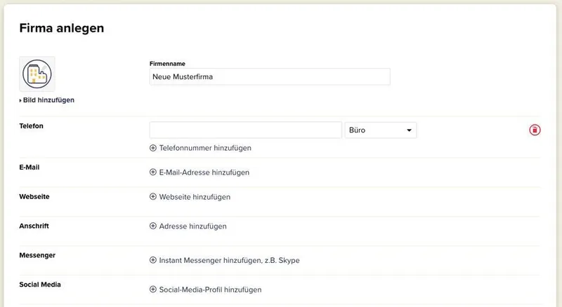Die Ansicht, in der man in CentralStationCRM eine neue Firma anlegt.