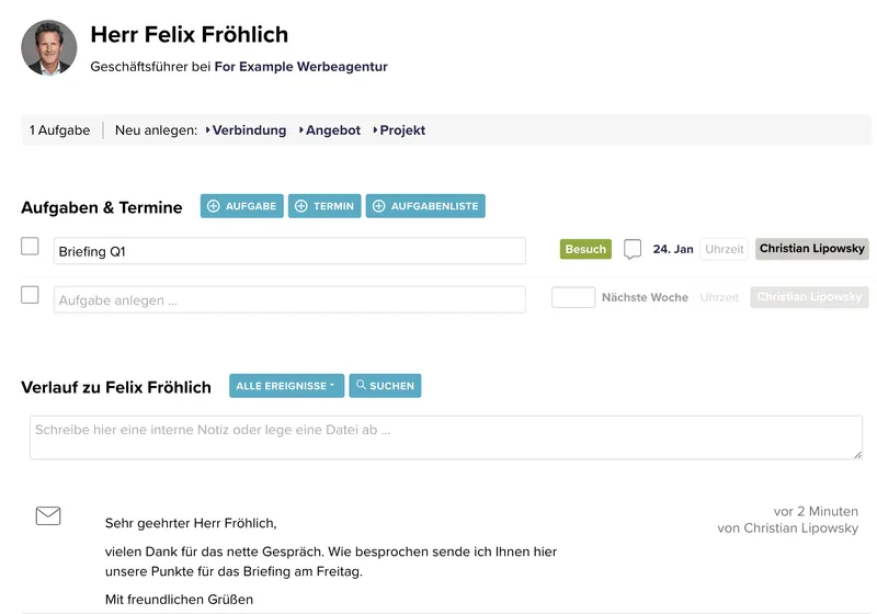 Ein Screenshots der Detailansicht von Personen in CentralStationCRM.