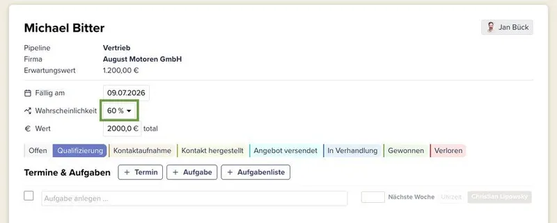 Die Detailseite einer Chance in der Pipeline von CentralStationCRM. Die Möglichkeit, eine Wahrscheinlichkeit für erfolgreichen Abschluss einzustellen, ist markiert.
