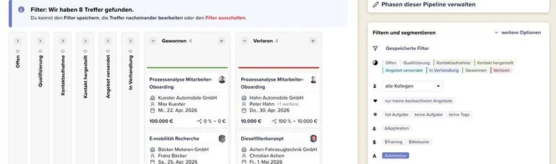 Eine Pipeline in CentralStationCRM, bei der der Filter "Automotive" über Tags aktiviert wurde.