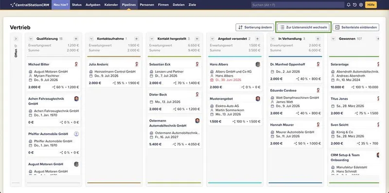 Die Vollbild-Pipeline-Ansicht von CentralStationCRM. Der Button "Zur Listenansicht wechseln" ist markiert.