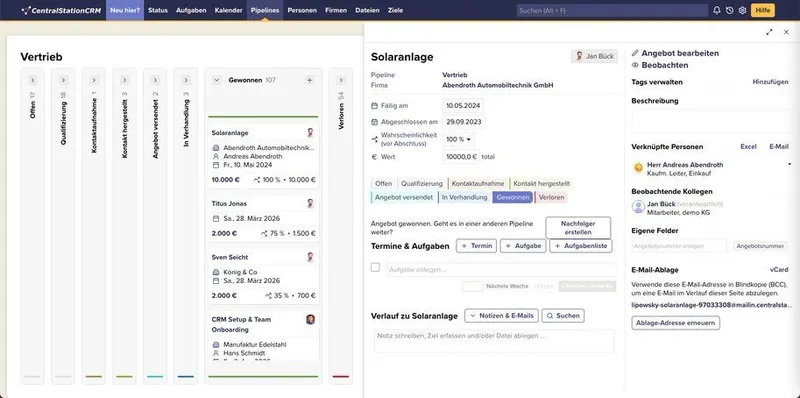Das Pipeline Overlay von CentralStationCRM.