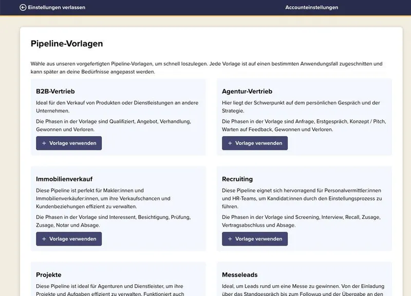 Die verschiedenen Vorlagen für Pipeline-Phasen in CentralStationCRM.