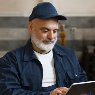 Handwerker nutzt Tablet.