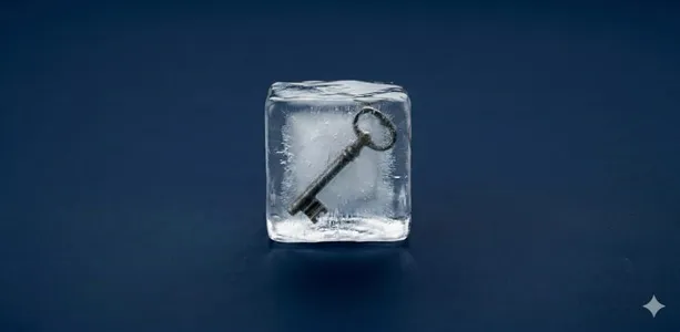 Die Herausforderung im B2B Vertrieb 26: Die Akquise wird noch kälter! Dargestellt durch einen gefrorenen Schlüssel auf dunkelblauem Hintergrund.