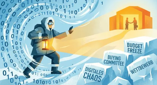 Illustration: Ein Vertriebsexperte in Schnee-Kleidung mit Laterne arbeitet sich durch einen digitalen Sturm aus Nullen und Einsen, vorbei an Eisblöcken, auf eine warm beleuchtete Scheune zu, in der ein Deal stattfindet.