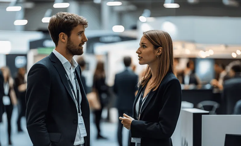 Ein Mann und eine Frau im Gespräch auf der Messe.