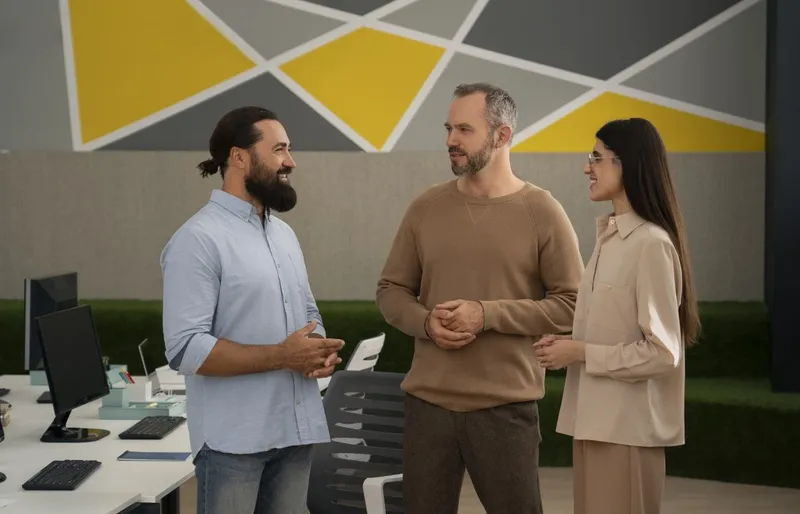 Drei Geschäftspartner unterhalten sich in einer Agentur.