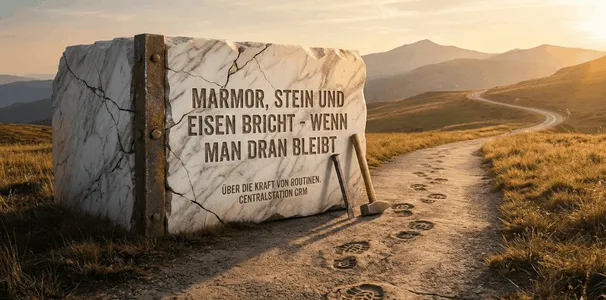 Ein Marmorblock in sonnenbeschienener Landschaft. Marmor Stein und Eisen bricht - wenn man dranbleibt.