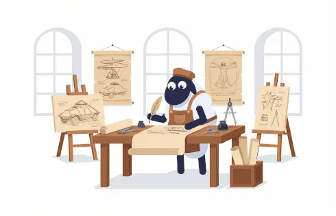 Symbolbild, auf dem das Schaf Ruby Mäh einfaches Design in einer Werkstatt nach Leonardo da Vinci ausübt.