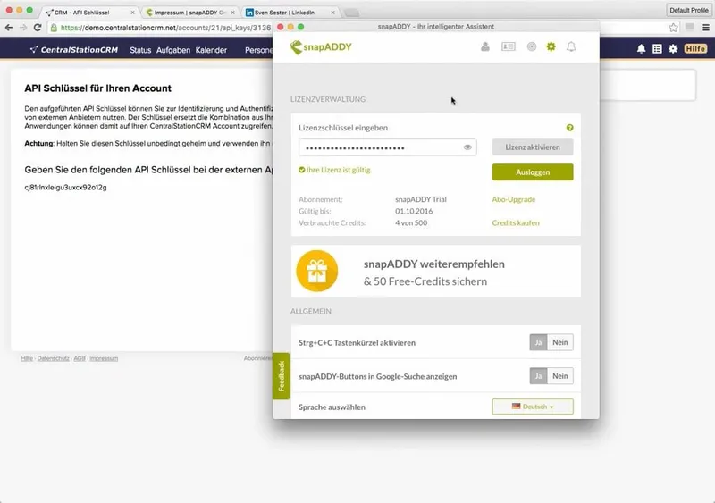 Für CentralStationCRM gibt es eine SnapADDY-Integration.