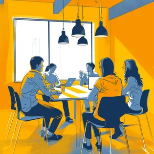 Fünf Personen sitzen um einen Tisch herum. Ein kleines Team beim Meeting im Büro.