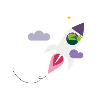 Illustration: snapAddy-Maskottchen Addy fliegt in einer Rakete.
