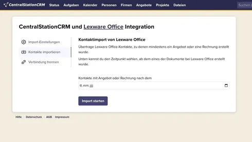 Screenshot des Kontaktimportes für Lexware Office bei CentralStationCRM.