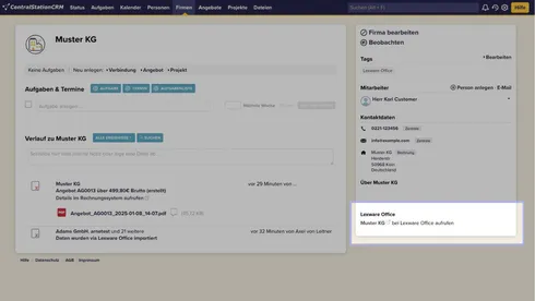 Screenshot des Integrations-Interfaces für die Lexware Office-Integration in der Nutzeransicht bei CentralStationCRM.