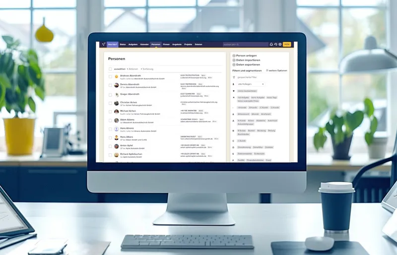 CentralStationCRM auf einem Bildschirm am Arbeitsplatz in einem hellen Büro. Im Hintergrund ein Fenster.