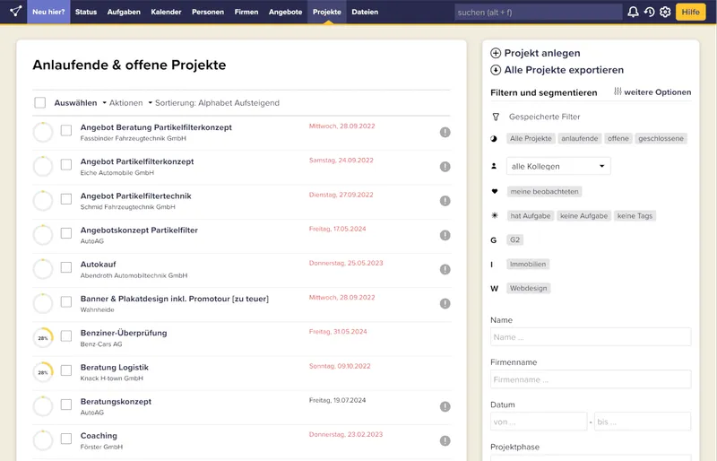 Eine Übersicht der Projekte in CentralStationCRM.