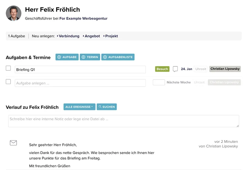 Ein Screenshots der Detailansicht von Personen in CentralStationCRM.