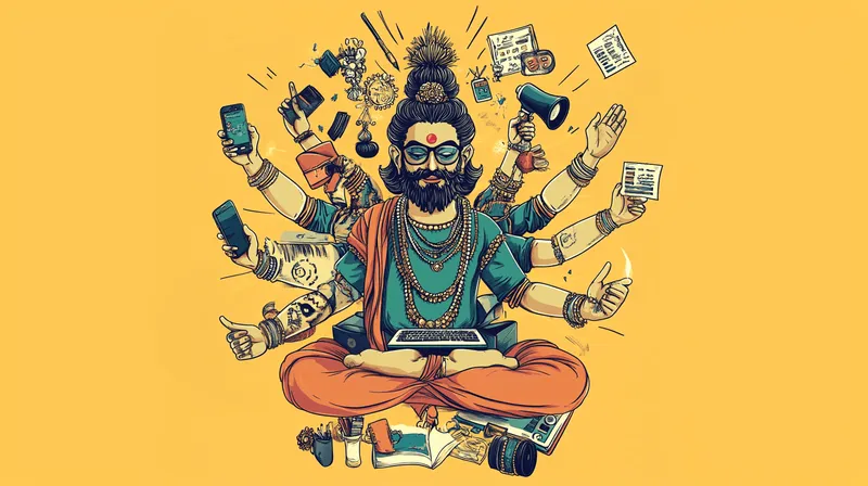 Illustration eines Marketeers als Buddha mit vielen Armen und Aufgaben.
