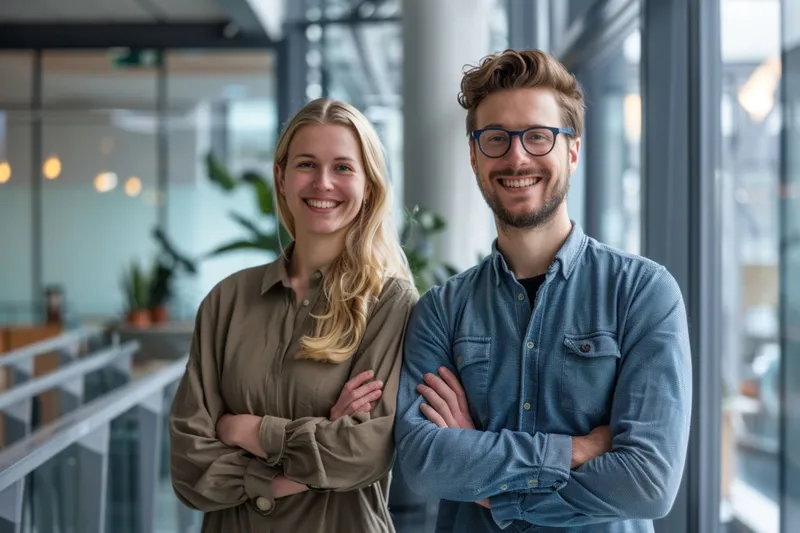 Ein Mann und eine Frau im Casual Business Outfit lächeln mit verschränkten Armen in die Kamera.