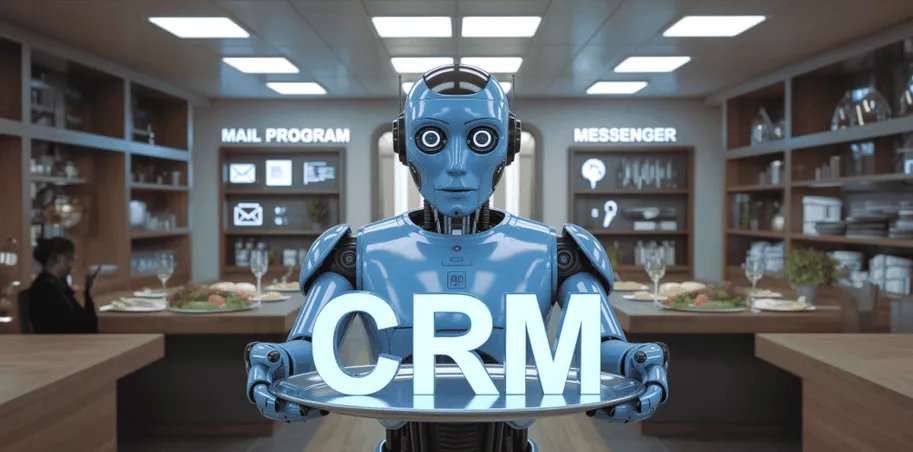 Symbolbild KI CRM: Ein Roboter bringt die Buchstaben CRM auf einem Tablett in ein Restaurant, in dem unter anderem "Mail Programm" und "Messenger" von digitalen Karten an der Wand wählbar sind.