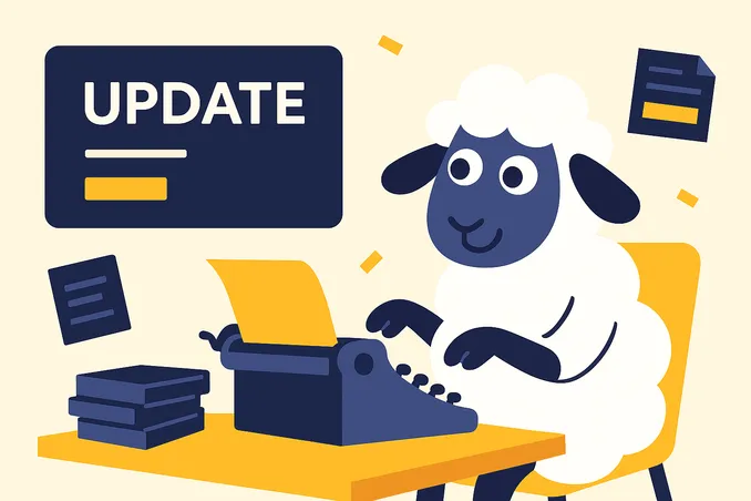 Ein Schaf, das auf einer Schreibmaschine ein Update tippt.