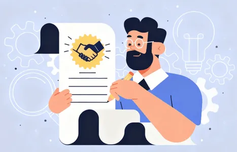 Illustration: Ein Mann hält eine Schriftrolle und schreibt etwas mit einem Stift darauf. Darüber zu sehen: Das Symbol eines Handschlags.