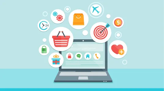 Ein Symbolbild für Onlinemarketing: Ein Computer mit vielen Icons, die Wege darstellen, wie Kunden zum Kauf kommen: Flugzeug, Einkaufskorb, Tasche usw.