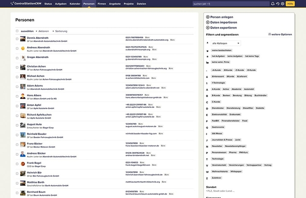 Ein Screenshot aus der Akquisesoftware und Adressverwaltung CentralStationCRM