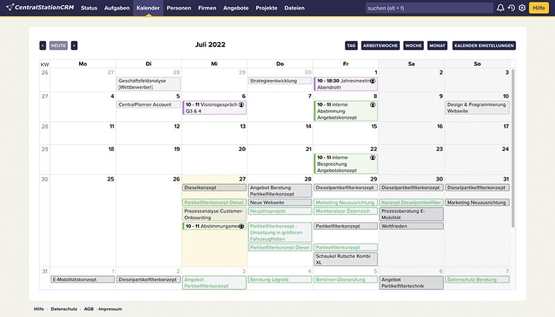 Screenshot aus CRM-Lösung CentralStationCRM mit Kalender- & Aufgaben-Ansicht